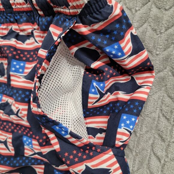Columbia PFG Backcast II Swim Trunks Size Large Fish Blue White Red USA Flag - Picture 9 of 16